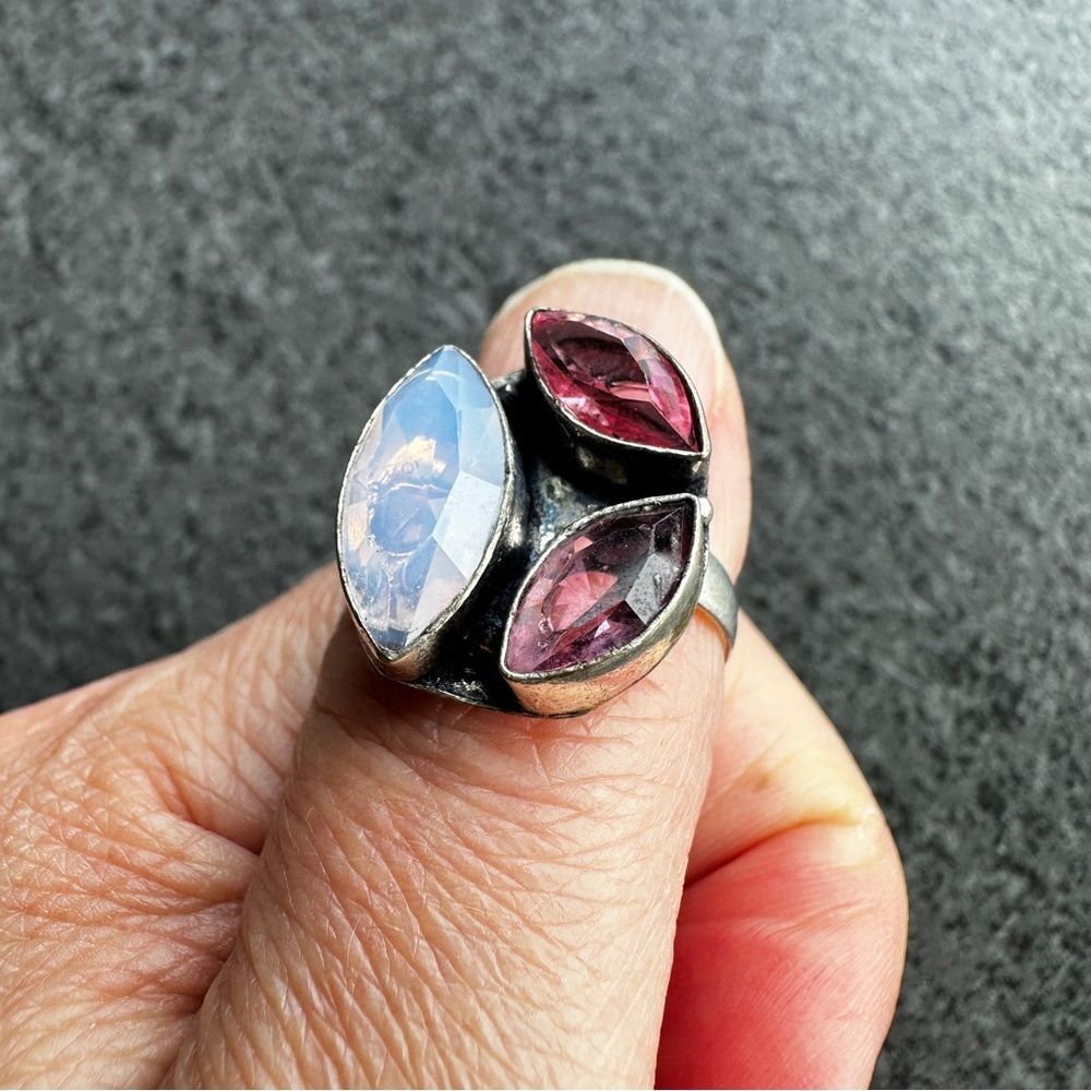 NEW Elegant Opalite Pink Tourmaline Marquise Gemstone Silver Statement Ring Sz 8 - Picture 3 of 12